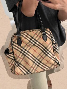 Burberry Blue Label Plaid Tote Bag with Black Trim